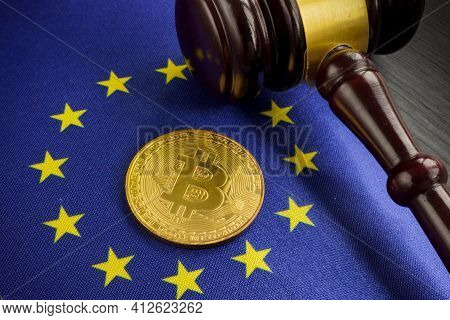 Cryptocurrency Legal Regulation In Eu. Btc On The Flag And Gavel.