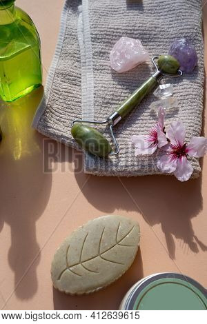 Gua Sha, Face Massage Jade Roller Made Of Natural Stone And Home Spa Set