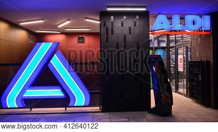 Warsaw, Poland. 15 March 2021. Sign Aldi. Company Signboard Aldi.