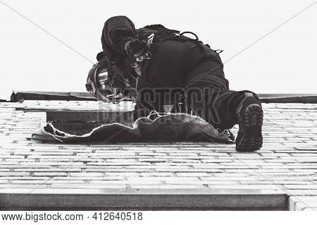 Two Commandos Train At The Base. Climbers. Swat, Police, Counterterrorism Concept. Mixed Media