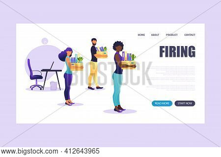 Landing Page Of Firing Employee. People Standing With Offices Box With Things. Unemployment Concept,