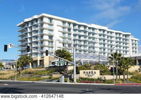 HUNTINGTON BEACH, CALIFORNIA - 22 JAN 2020: The Pasea Hotel and Spa is part of the Meritage Collection of Luxury accommodations. 