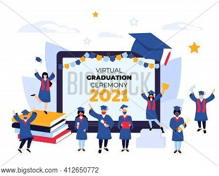 Virtual Online Graduation Ceremony On A Laptop Monitor During Coronavirus Quarantine. Tiny Graduates