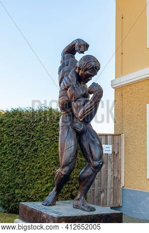 Thal, Austria - March 6, 2021: Statue Of Arnold Schwarzenegger In Front Of His Museum