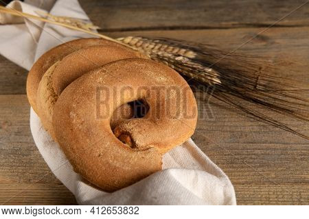 Tipical Summer Dish Of Puglia - Friselle. Classical Apulian Dried Bread Called Freselle. Healthy Veg