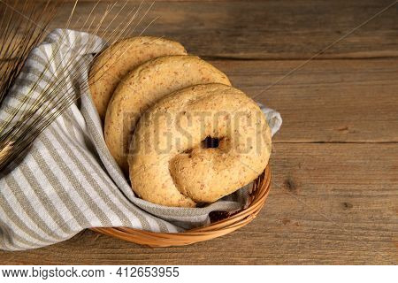 Tipical Bakery Of Puglia Dry Bread Called Friselle. Classical Apulian Frise Made In Salento By Whole
