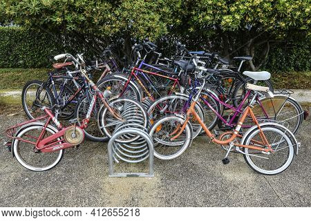 Vrsar, Croatia - May 22, 2020: Bicycle Parking In Old Town Of Vrsar, Croatia. Municipal Bike Parking