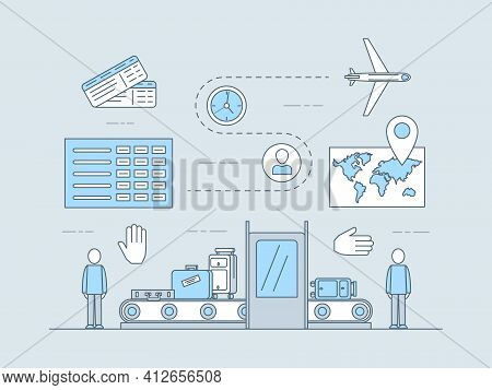 Registration, Check In And Pre Flight Inspection At The Airport Vector Flat Line Illustration. Bagga