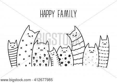 Outline Doodle Funny Cats Family. Horizontal Vector Border. Cute Different Kittens Sitten In A Row. 