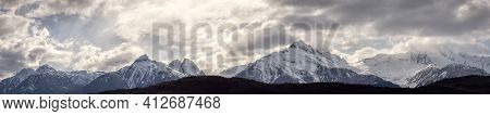 Panoramic Canadian Mountain Landscape View During A Cloudy Winter Day. Taken In Tantalus Lookout Nea