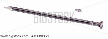 Single Realistic Metal Nail, Macro, Isolated On White Background. Detailed Of Small Close Up Metal W