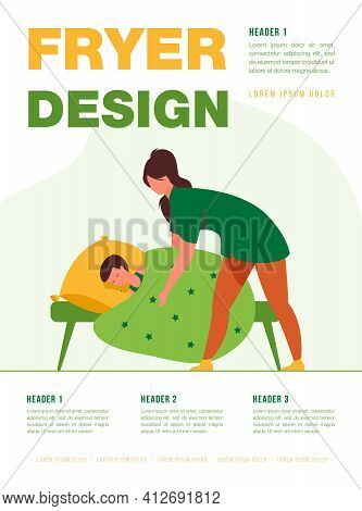 Mom Taking Care About Kid With Flu. Sick Child With Thermometer Resting In Bed, Mother Adjusting Bla