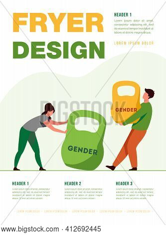 Gender Discrimination And Inequality. Man And Woman Lifting Kettlebells Of Different Weight. Flat Ve