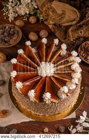 Tasty Hungarian Dobosh Torte With Caramel Decoration