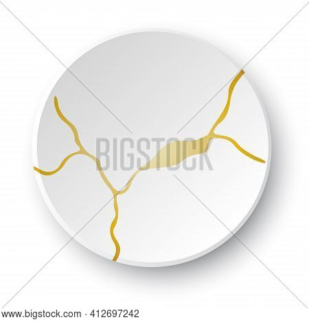 Gold Kintsugi Crack. Broken And Crack Effect, Craquelure And Damaged Texture. Vector Illustrations C