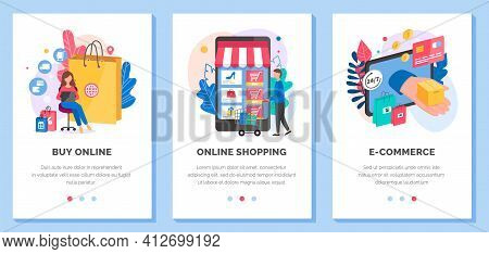Store For Online Shopping Layout, E-commers. People Orders Purchases On The Internet, E-commerce