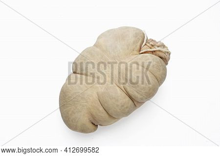 Top View Of A Liver Sausage In One Piece, In Casing, Isolated On A White Background. Traditional Mea
