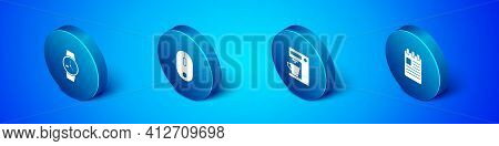 Set Isometric Wrist Watch, Coffee Machine, Spiral Notebook And Computer Mouse Icon. Vector
