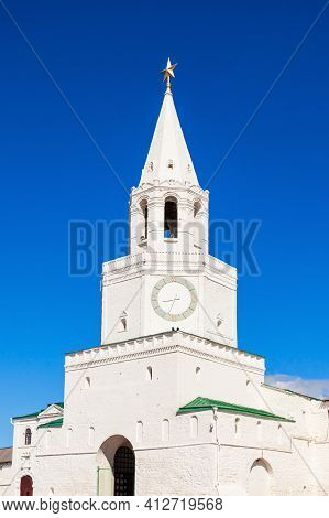The Spasskaya Or Saviors Tower In Kazan Kremlin In Russia. Spasskaya Tower Serves As Kremlin Main En