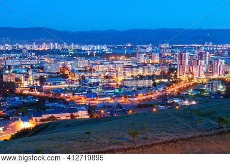 Krasnoyarsk City Aerial Panoramic View From Karaulnaya Mountain Viewpoint In Krasnoyarsk At Night, R