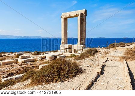 Naxos Portara Or Apollo Temple Entrance Gate On Palatia Island Near Naxos Island In Greece