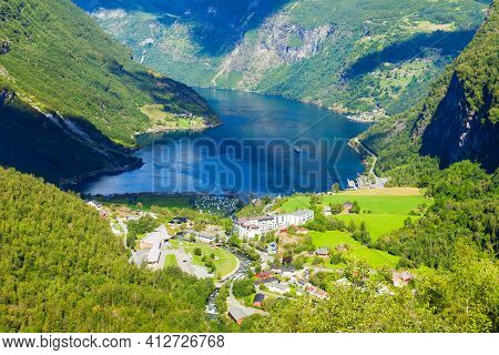 Geirangerfjord And Geiranger Village Aerial View From Flydalsjuvet Viewpoint, Norway