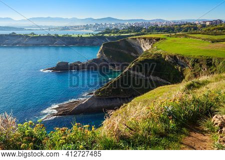 Santander City Cliff Aerial View From The Viewpoint Near The Faro Cabo Mayor Lighthouse In Santander