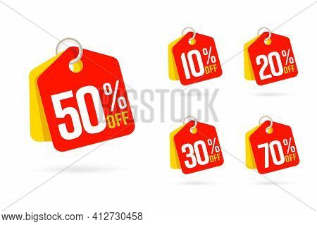 Different Percent Value Discount Sale Tag Trinket Label Set. Clearance Ticket Badge Hanging On Ring 