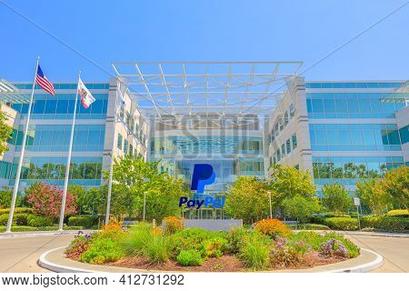 San Jose, Ca, United States - August 12, 2018: Flags Of America, California And P Logo Of Paypal At 