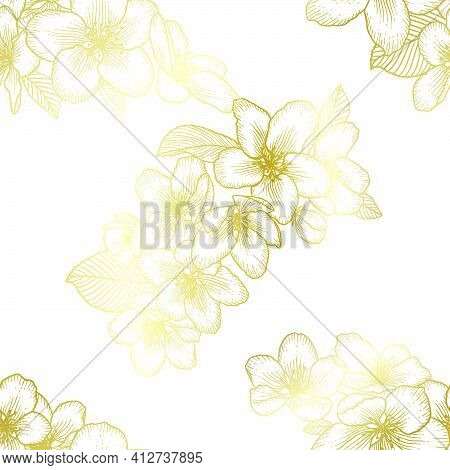 Beautiful Golden Seamless Floral Pattern With Apple Flowers Over White. Nature Botanical Gold Vector