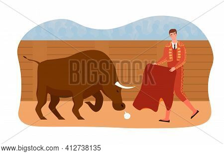Spanish Bullfighting Corrida Composition Arena With Character Of Toreador And Bull. Flat Abstract Me