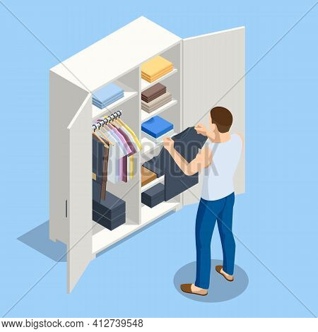 Isometric Large Wardrobe With Things. Man Choosing Outfit From Large Wardrobe Closet With Clothes An