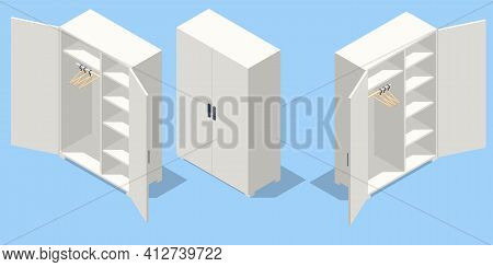 Isometric Set Icons Of Large Empty Wardrobes. Empty White Wardrobe And Hangers Isolated