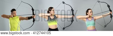 People Practicing Archery On Grey Background, Collage. Banner Design