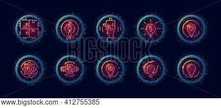 10 In 1 Vector Icons Set Related To Creative Development Theme. Lineart Vector Icons In Geometric Ne