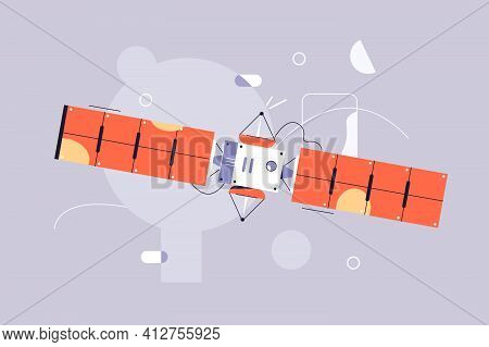 Satellite Fly In Space Vector Illustration. Space Station Flat Style. Artificial Satellite Orbiting 