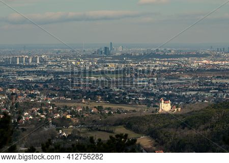 Panoramic View Over Vienna From The Hills Near Moedling, Cloudy Day In Winter, Liechtenstein Castle 