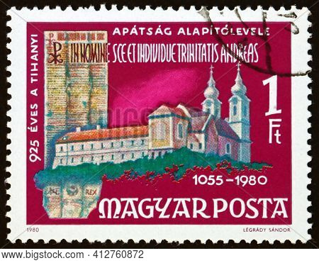 Hungary - Circa 1980: A Stamp Printed In Hungary Shows Tihany Benedictine Abbey And Deed, 925th Anni