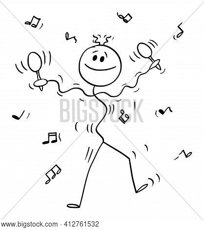 Dancing Musician Performing Music With Maraca Or Rumba Shaker, Vector Cartoon Stick Figure Illustrat