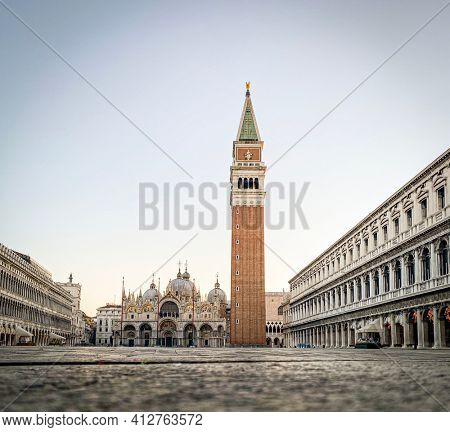 Basilica of Saint Mark and deserted San Marco Square during the crisis COVID-19