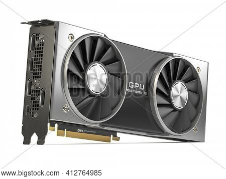 Graphics card. Modern gaming  GPU graphics processing unit isolated on white.  3d illustration