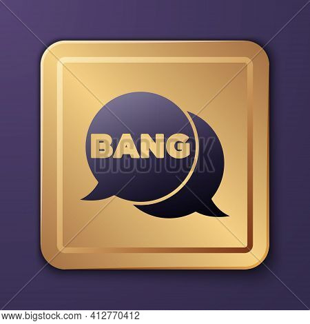 Purple Bang Boom, Gun Comic Text Speech Bubble Balloon Icon Isolated On Purple Background. Gold Squa