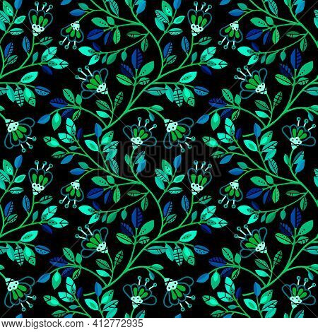 Seamless Pattern With Decorative Twigs, Flowers And Leaves On Black Background
