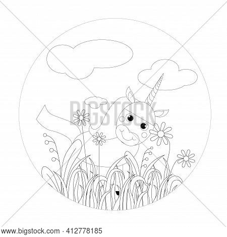 Unicorn In Grass Round Monochrome Banner. Flower Leaves Art Nature Design Element Stock Vector Illus