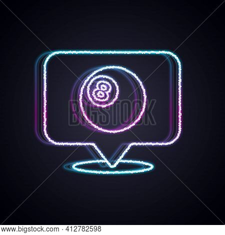 Glowing Neon Line Map Pointer With Billiard Pool Snooker Ball With Number 8 Icon Isolated On Black B