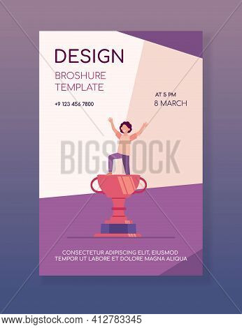 Kid Celebrating Triumph. Child Winning Competition, Getting Golden Cup. Flat Vector Illustration. Aw