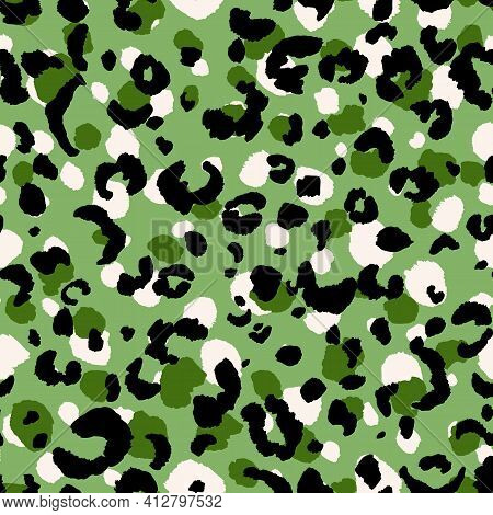 Abstract Modern Leopard Seamless Pattern. Animals Trendy Background. Green And Black Decorative Vect