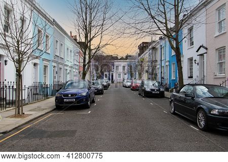 Farm Place, Kensington, London, England, United Kingdom - March 05 2021: Colourful Houses At Sunset 
