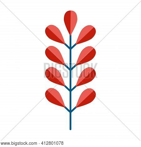 Simple Minimalistic Blue-green Branch With Red Leaves. Floral Collection Of Elegant Plants For Seaso