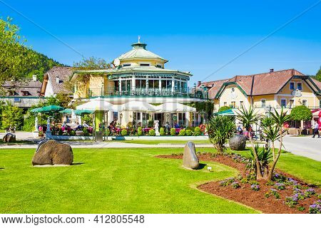 St. Gilgen, Austria - May 17, 2017: Restaurant And Public Park In St Gilgen Village, Salzkammergut R